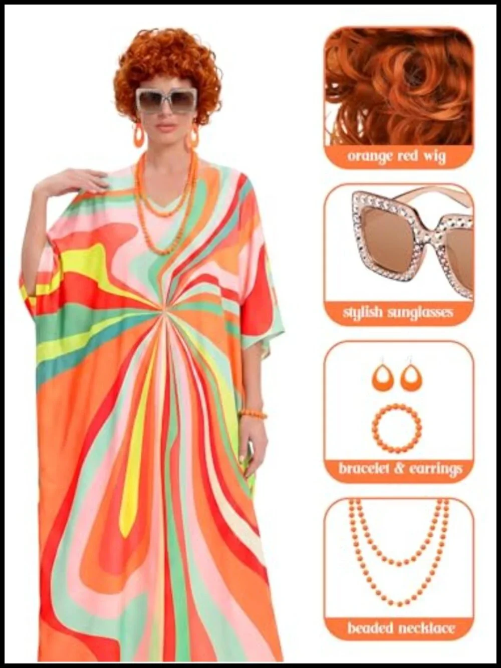 Women's 6 Piece Halloween Costume Set with Orange Wig, Print Caftan Dress,
